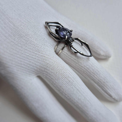 Night Sky Spider ring with a faceted iolite sunstone gem, Witchy silver jewelry