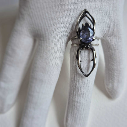 Night Sky Spider ring with a faceted iolite sunstone gem, Witchy silver jewelry