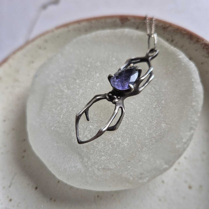 Starry Night Spider pendant with iolite sunstone gem, Witchy silver amulet