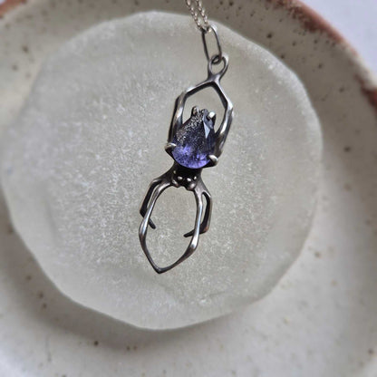 Starry Night Spider pendant with iolite sunstone gem, Witchy silver amulet