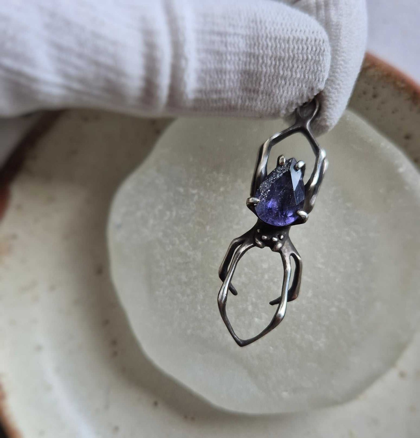 Starry Night Spider pendant with iolite sunstone gem, Witchy silver amulet