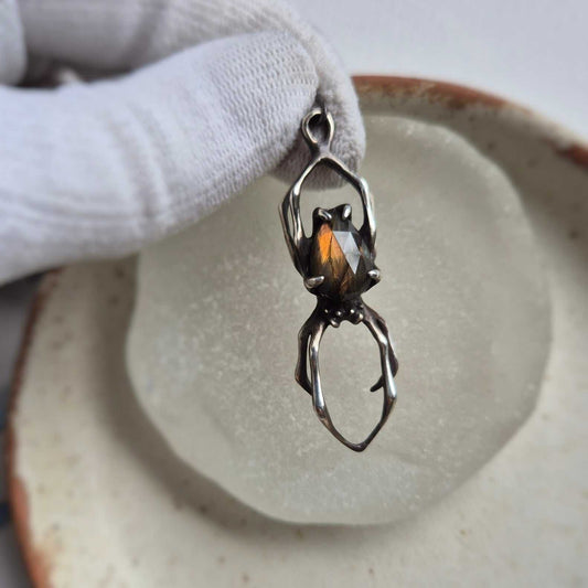 Flamewood Spider pendant with brown/orange rosecut labradorite gem, handmade Witchy silver talisman