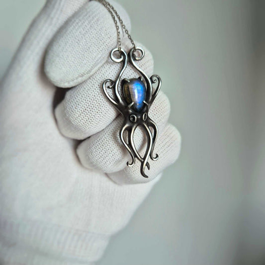 Aurora Octopus pendant with a blue labradorite cabochon gem, handmade Mermaid silver jewelry