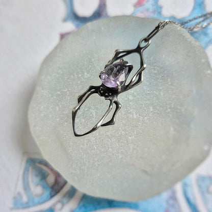 Echo Spider pendant with a faceted Super Seven gem, Witchy silver talisman