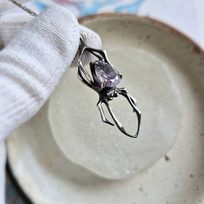 Echo Spider pendant with a faceted Super Seven gem, Witchy silver talisman