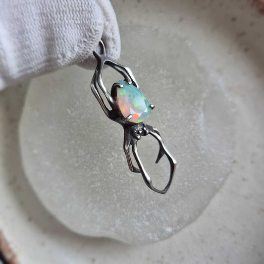 Opal Spider pendant with a faceted Ethiopian opal, Witchy silver talisman