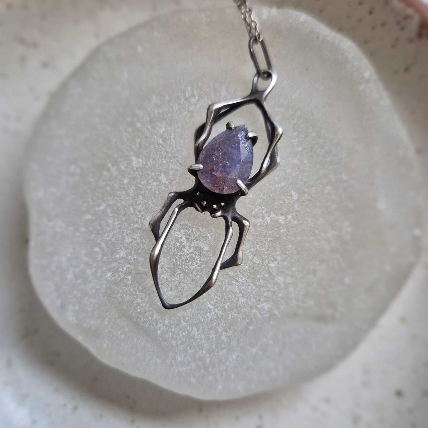 Twilight spider pendant with an iolite sunstone gem, Witchy silver talisman