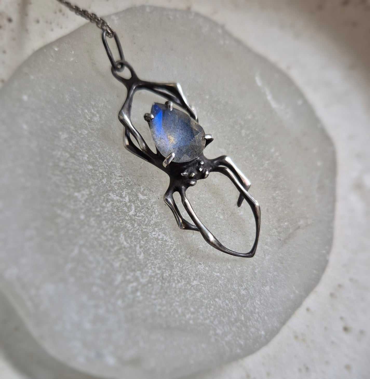 Blue fog Spider pendant with a labradorite cabochon, Witchy silver talisman