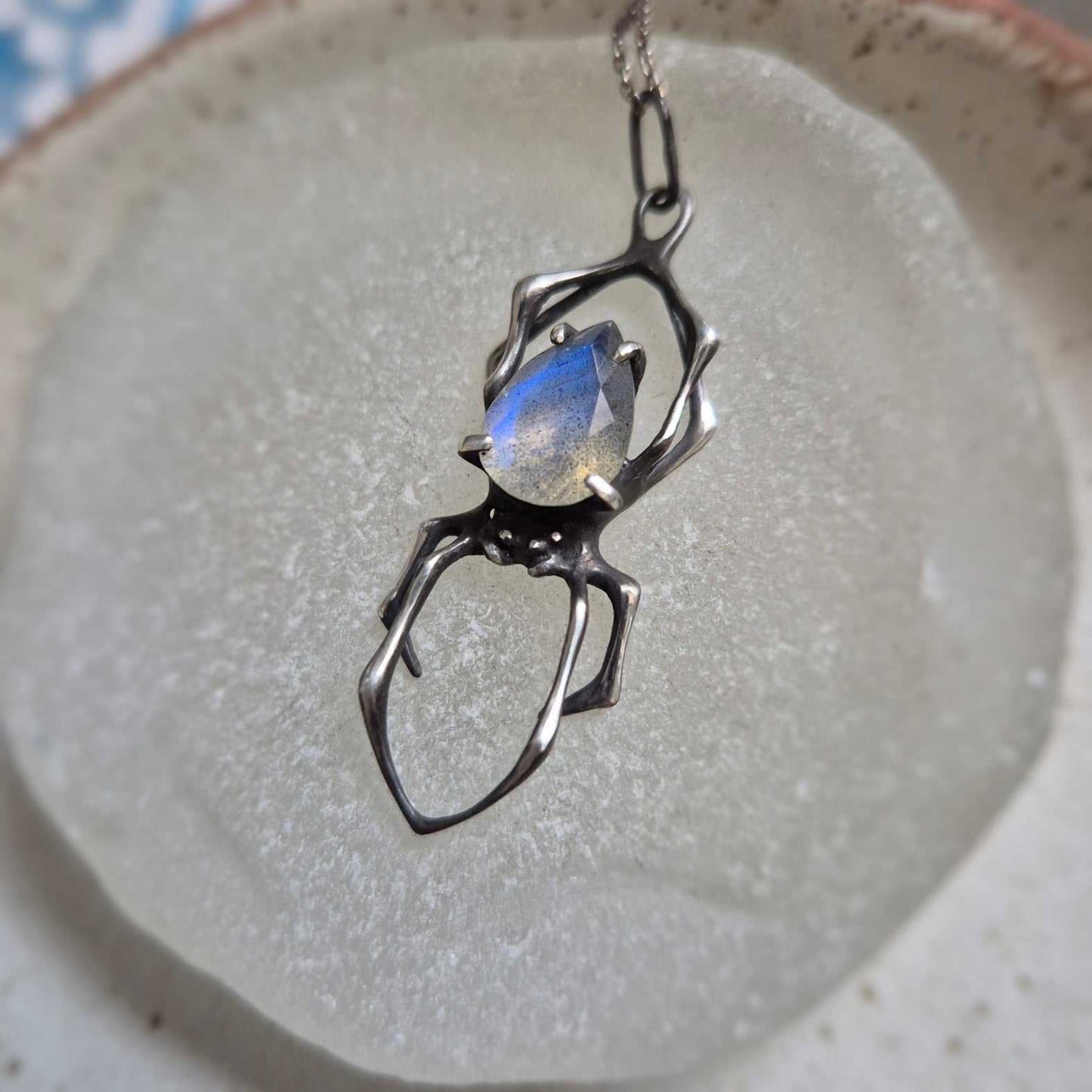 Blue fog Spider pendant with a labradorite cabochon, Witchy silver talisman