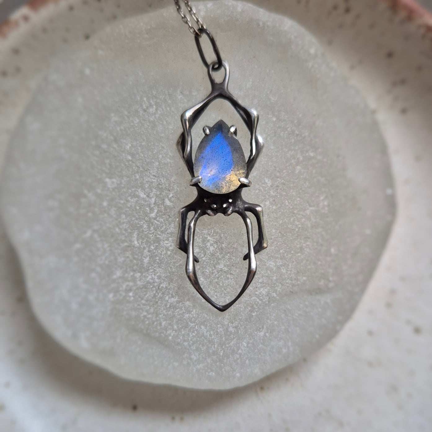 Blue fog Spider pendant with a labradorite cabochon, Witchy silver talisman