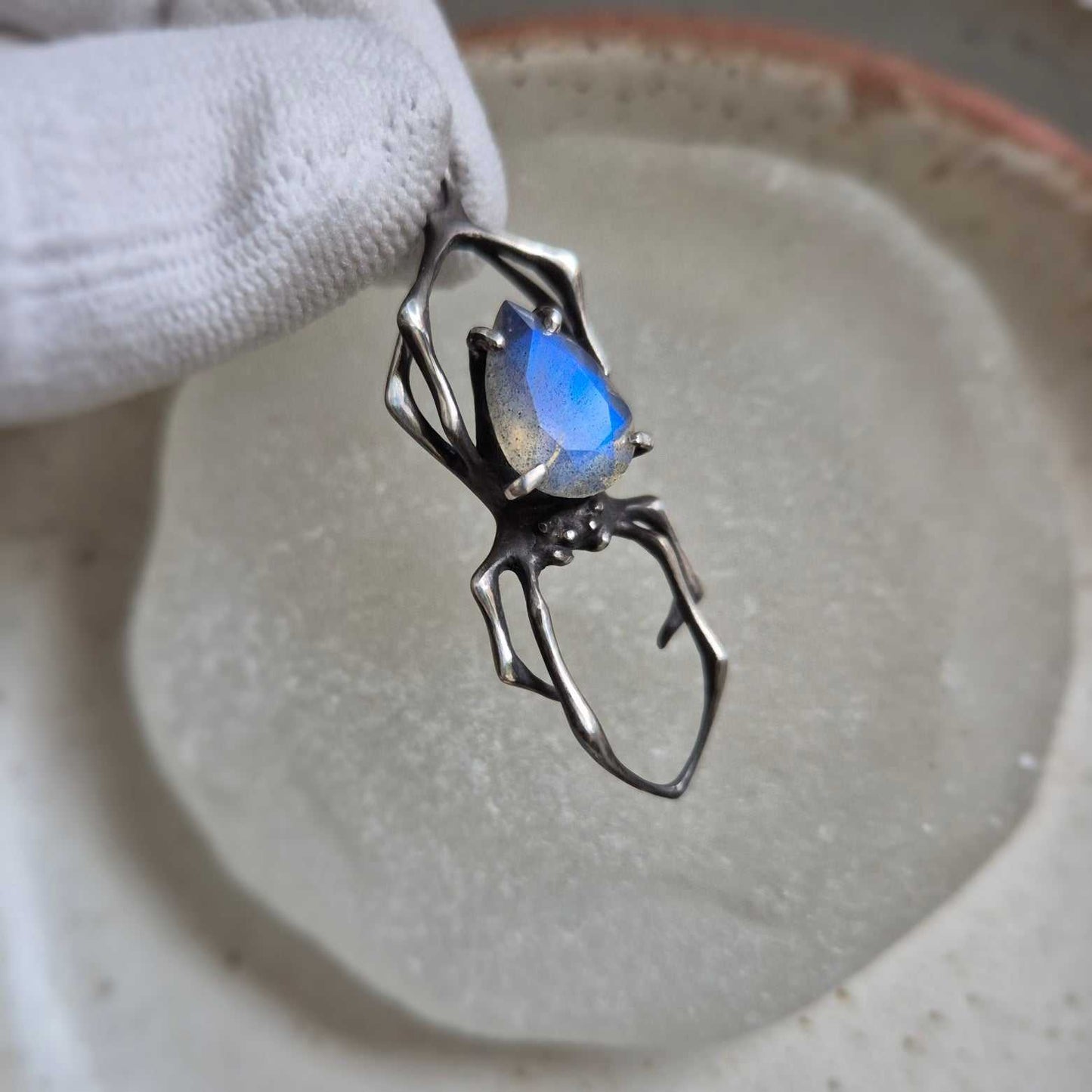 Blue fog Spider pendant with a labradorite cabochon, Witchy silver talisman