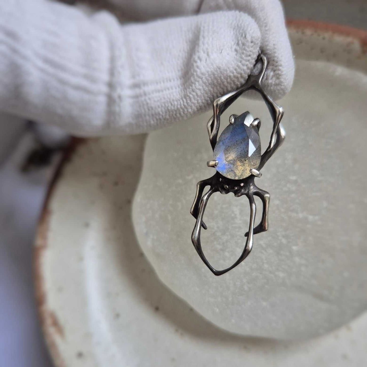 Blue fog Spider pendant with a labradorite cabochon, Witchy silver talisman