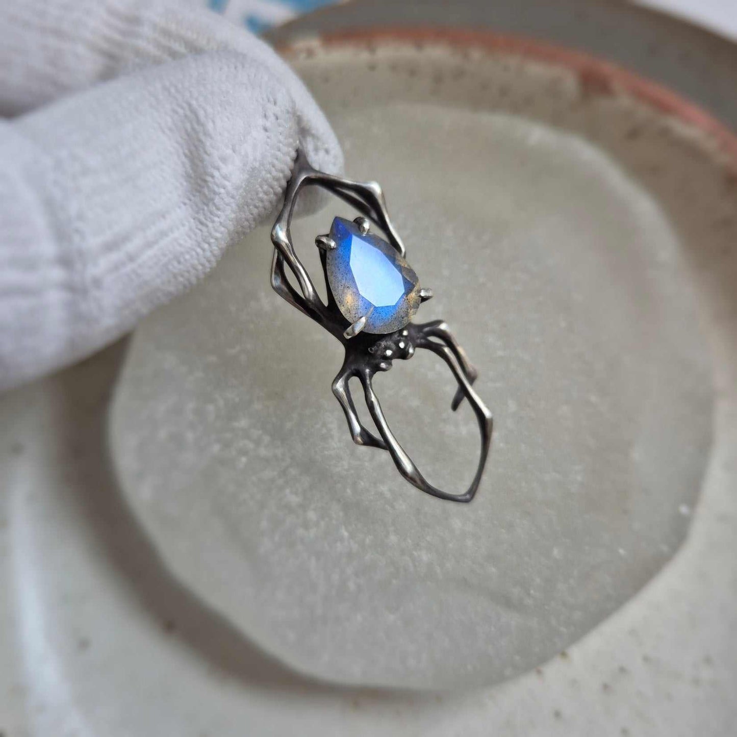 Blue fog Spider pendant with a labradorite cabochon, Witchy silver talisman