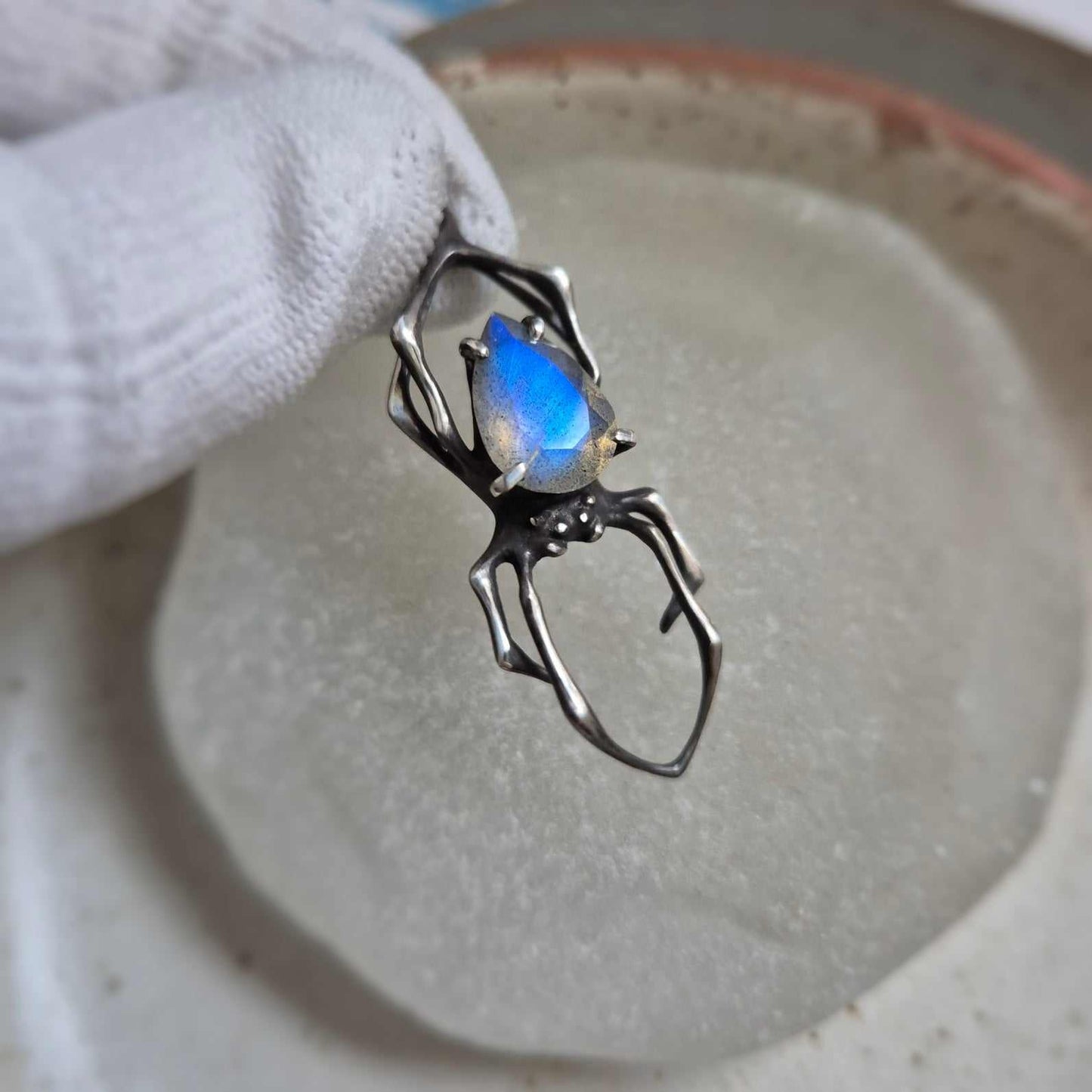 Blue fog Spider pendant with a labradorite cabochon, Witchy silver talisman