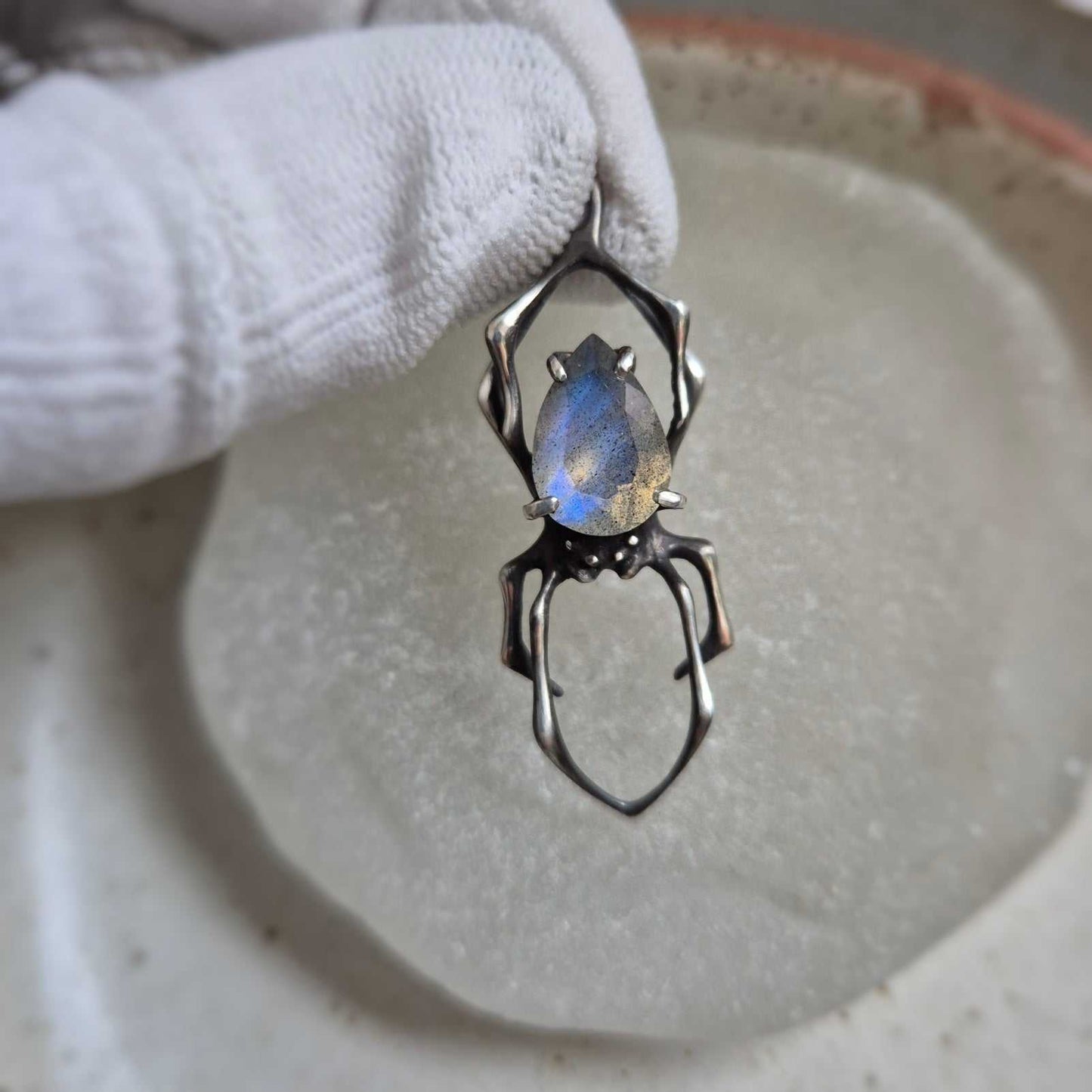 Blue fog Spider pendant with a labradorite cabochon, Witchy silver talisman