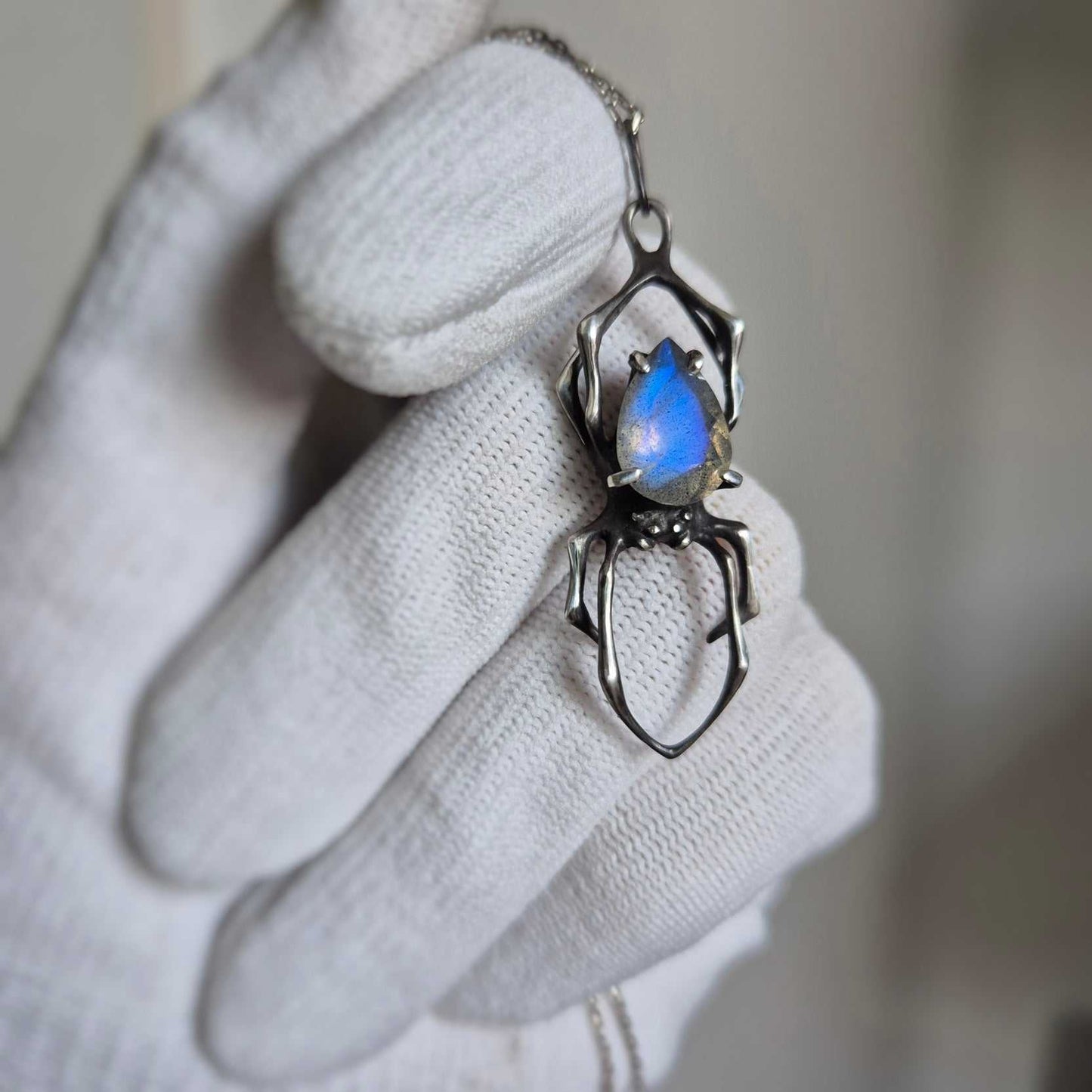 Blue fog Spider pendant with a labradorite cabochon, Witchy silver talisman