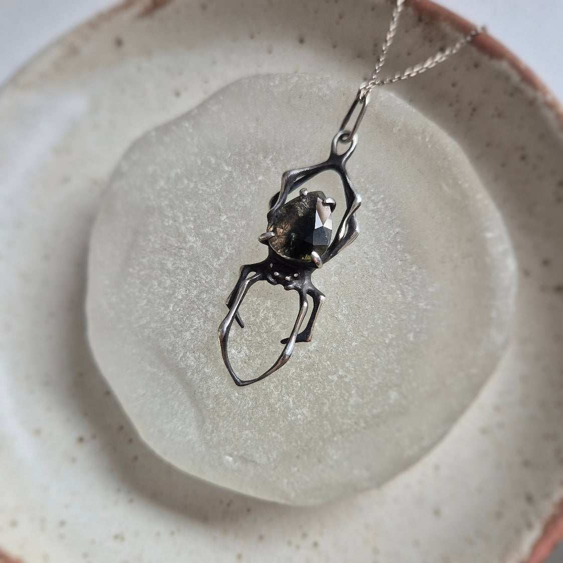 Moss Spider pendant with a natural tourmaline gem, handmade Witchy silver amulet