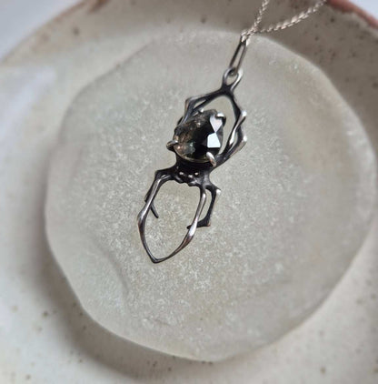 Moss Spider pendant with a natural tourmaline gem, handmade Witchy silver amulet