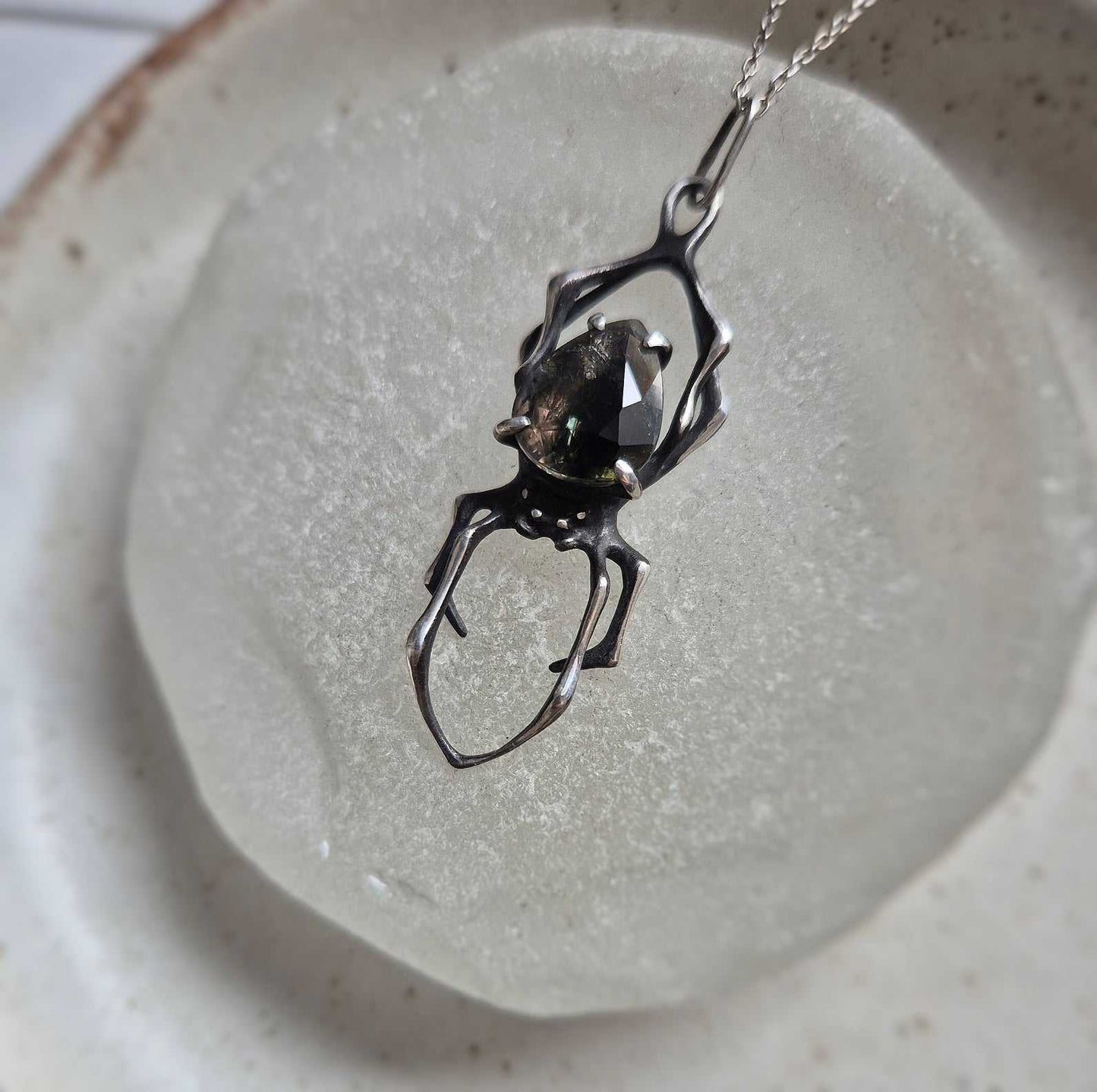 Moss Spider pendant with a natural tourmaline gem, handmade Witchy silver amulet