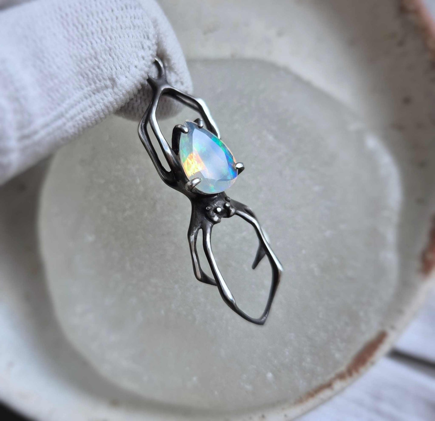 Opal Spider pendant with a faceted Ethiopian opal, Witchy silver talisman