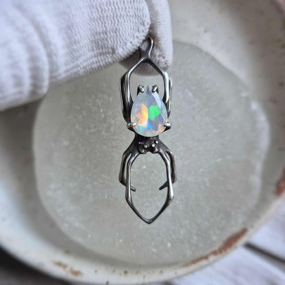 Opal Spider pendant with a faceted Ethiopian opal, Witchy silver talisman