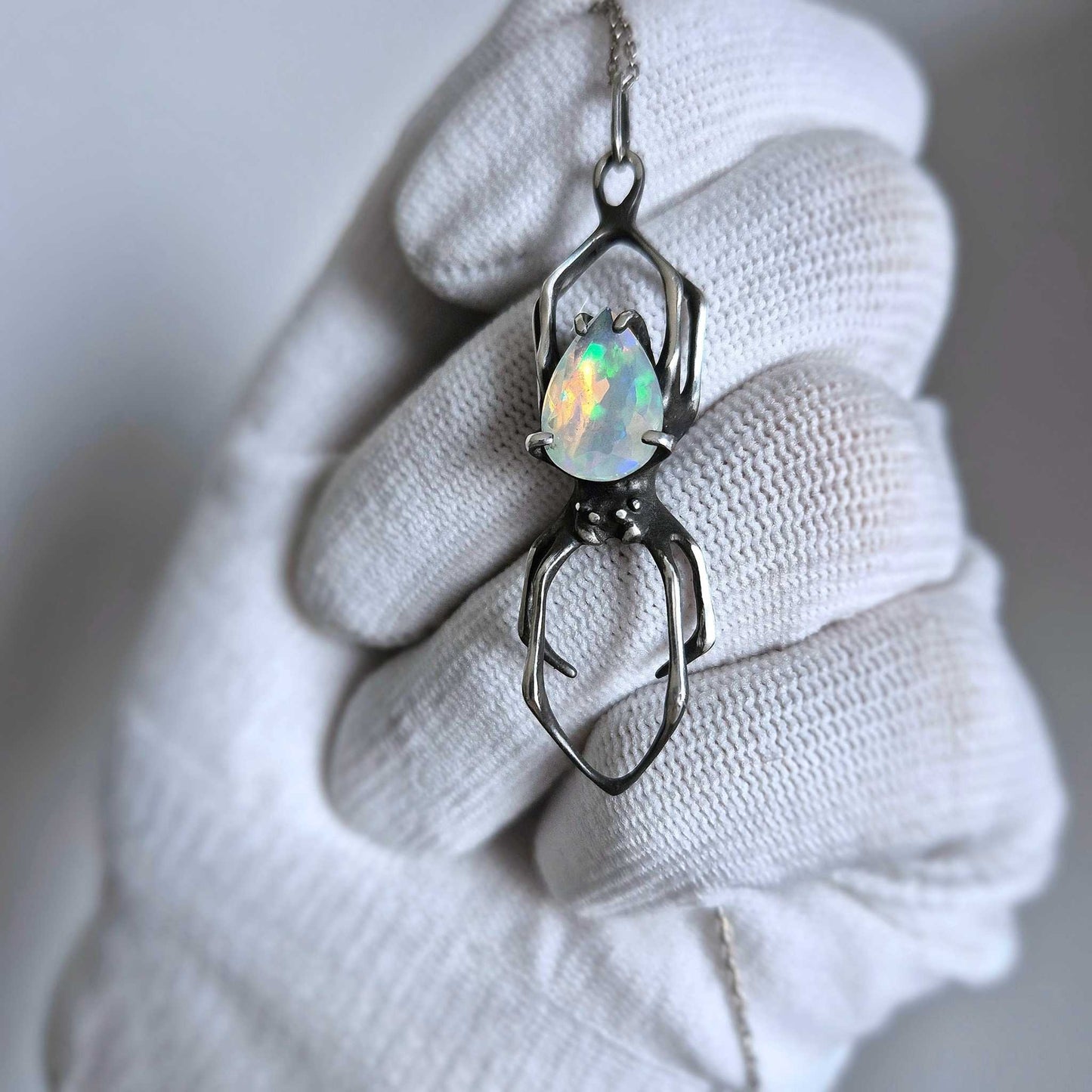 Opal Spider pendant with a faceted Ethiopian opal, Witchy silver talisman