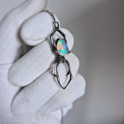 Opal Spider pendant with a faceted Ethiopian opal, Witchy silver talisman