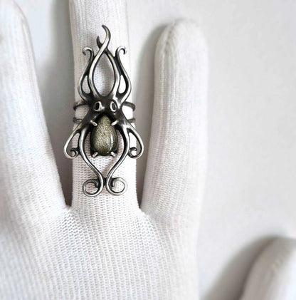 Golden Obsidian Octopus ring with a faceted labradorite gem, sea witch silver ring