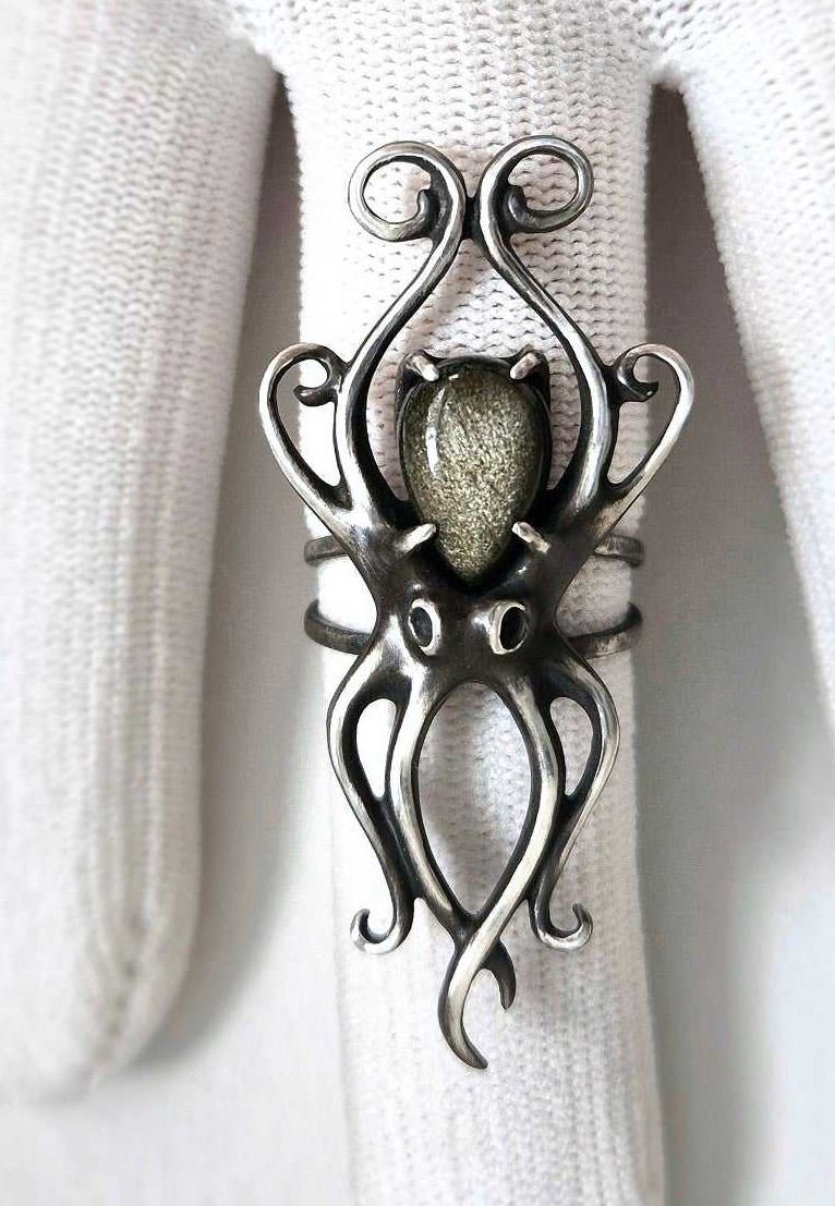 octopus ring in sterling silver - golden obsidian