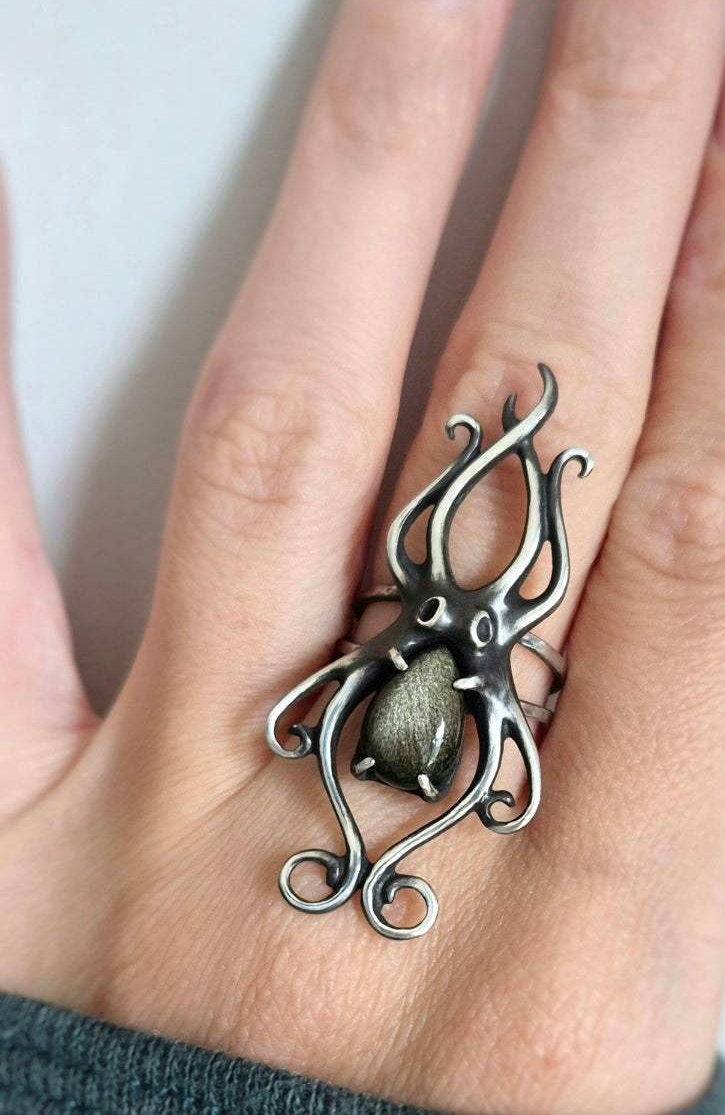 octopus ring in sterling silver - golden obsidian