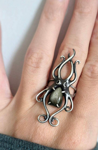 octopus ring in sterling silver - golden obsidian
