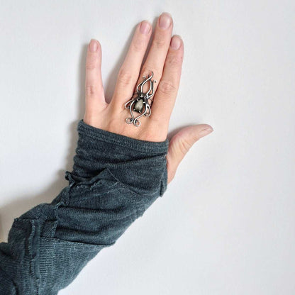 Golden Obsidian Octopus ring with a faceted labradorite gem, sea witch silver ring