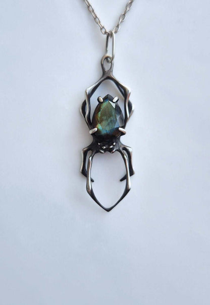 Spider necklace in sterling silver - Blue/golden labradorite - OOAK / Ready to ship