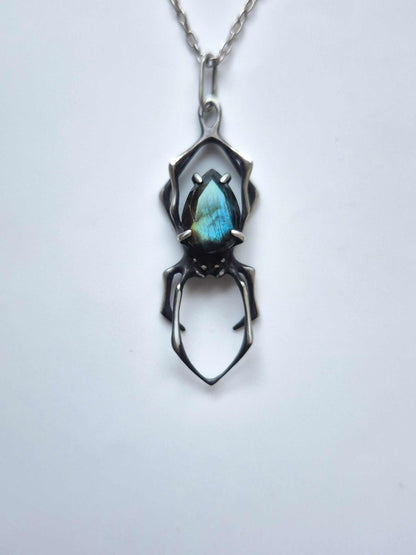 Spider necklace in sterling silver - Blue/golden labradorite - OOAK / Ready to ship