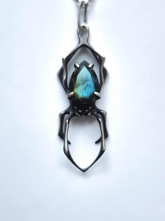 Spider necklace in sterling silver - Blue/golden labradorite - OOAK / Ready to ship