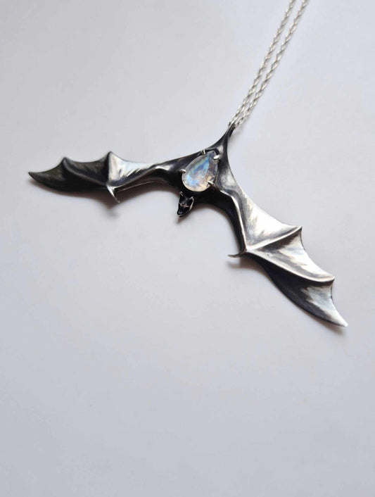 bat necklace in sterling silver - rainbow moonstone