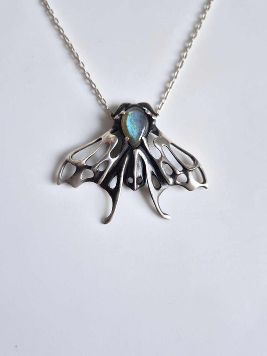 moth necklace in sterling silver - blue/cyan labradorite