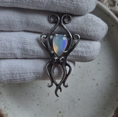 Opal Octopus pendant with a natural opal cabochon gem, Mermaid handmade silver jewelry
