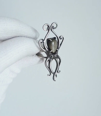 Golden Obsidian Octopus ring with a faceted labradorite gem, sea witch silver ring