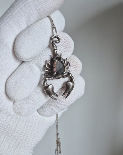 Mosaic night Scorpion pendant with a faceted labradorite gem, handmade silver witchy jewelry