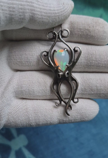 Silver Octopus necklace - Natural Opal gem - Handmade Ocean jewelry