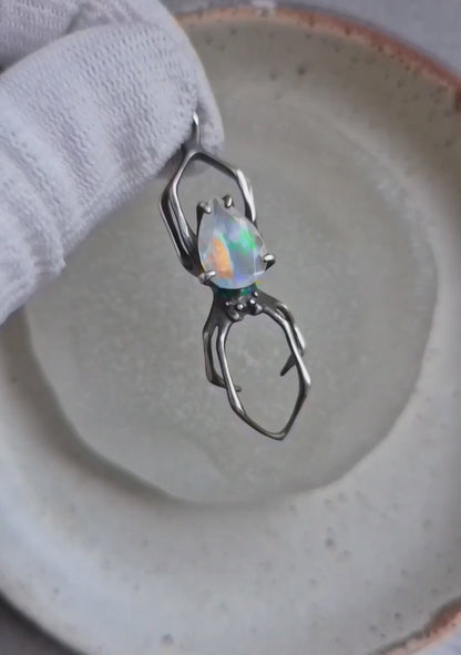 Opal Spider pendant with a faceted Ethiopian opal, Witchy silver talisman