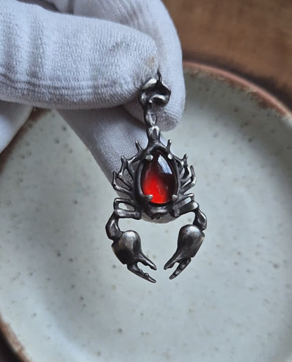 Fire Scorpion pendant with a hessonite garnet cabochon gem, Handmade silver jewelry