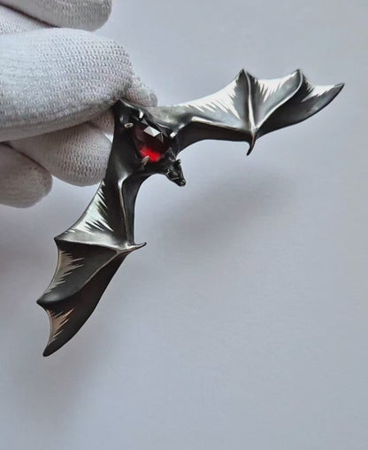 Dragonblood Bat MADE TO ORDER pendant with a rosecut garnet gem, Witchy silver talisman