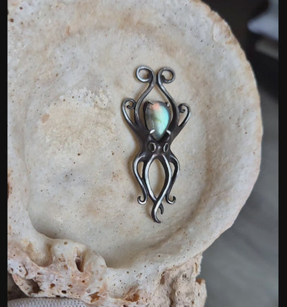 Aurora Octopus pendant with a silvery labradorite cabochon gem, handmade Mermaid silver jewelry