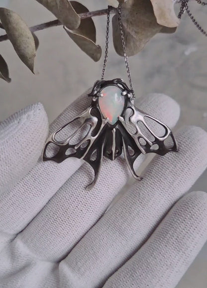 Moth Necklace – Natural Opal gem - Handmade symbolic silver jewelry