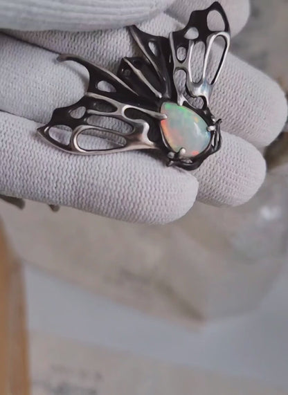 Moth Necklace – Natural Opal gem - Handmade symbolic silver jewelry