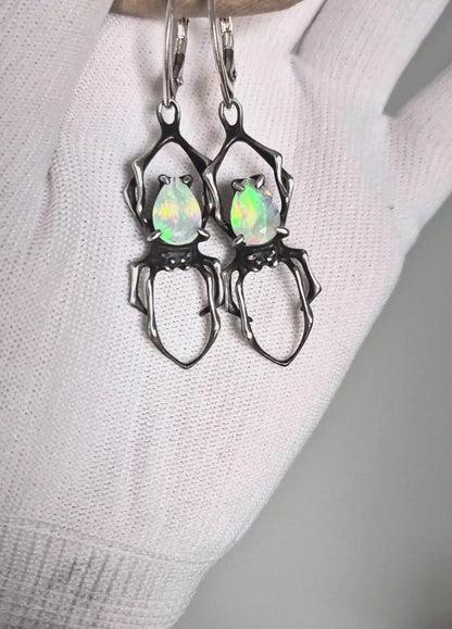 Opal Spider earrings - Made to Order! - with faceted opal gems, handmade Witchy silver jewelry