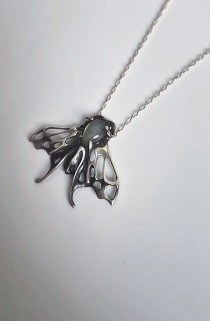 moth necklace in sterling silver - blue/cyan labradorite