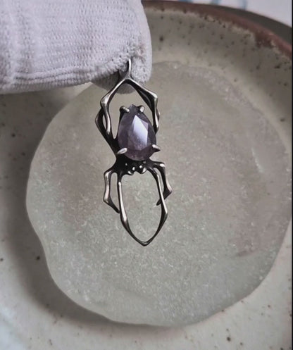 Twilight spider pendant with an iolite sunstone gem, Witchy silver talisman